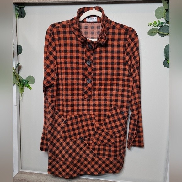 TERRA SJ Apparel Buffalo Plaid Tunic Red Black Check Pockets Quarter Button Sz L - Picture 8 of 13